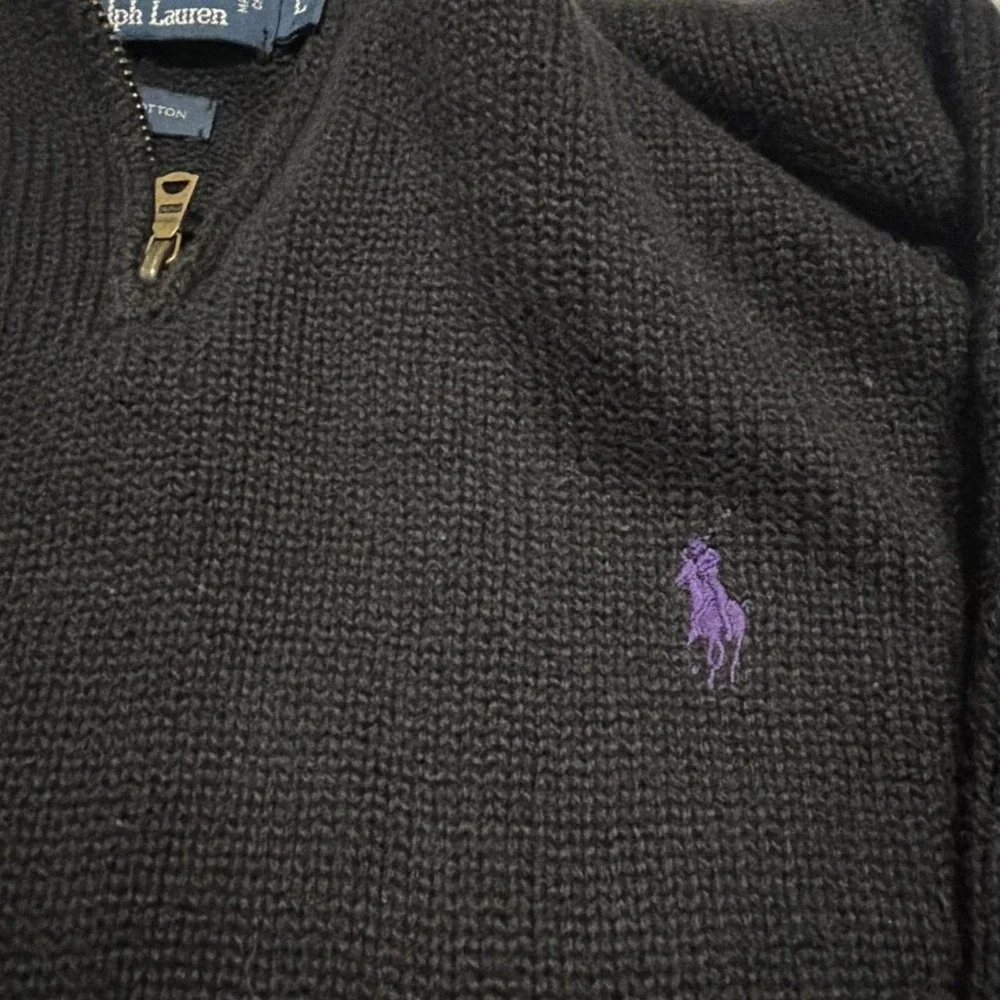 Polo Ralph Lauren Mens Large Black 100% Cotton Quarter Zip Sweater Purple Pony